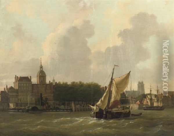 A View Of Hotel Bellevue In Dordrecht With The Grote Kerk Beyond Oil Painting - Johannes Rutten