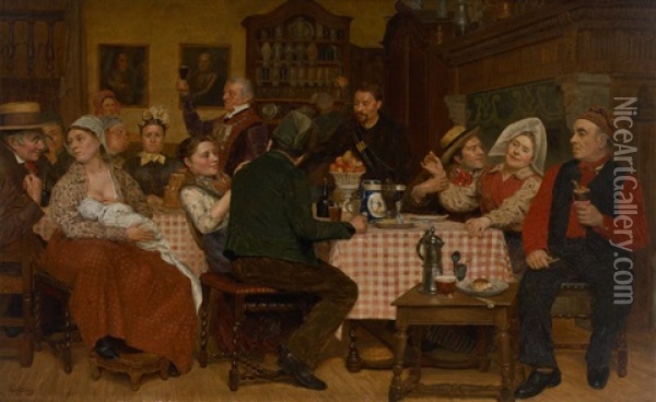 Banquet Familial Oil Painting - Emile Godding