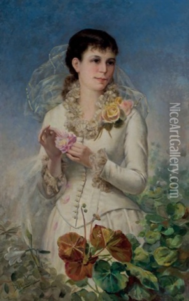 Retrato De Dama Con Flores Oil Painting - Daniel Hernandez Morillo