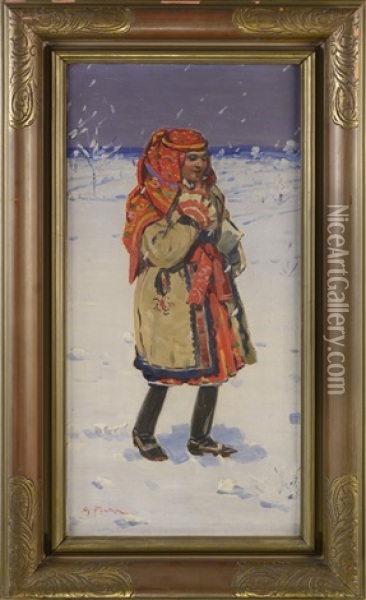 In A Winter Folk Costume Oil Painting - Antos Frolka
