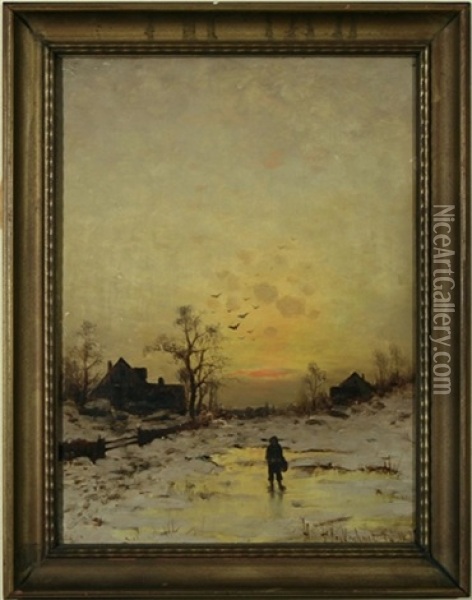 Winter Evening Sunset Oil Painting - Heinz Flockenhaus