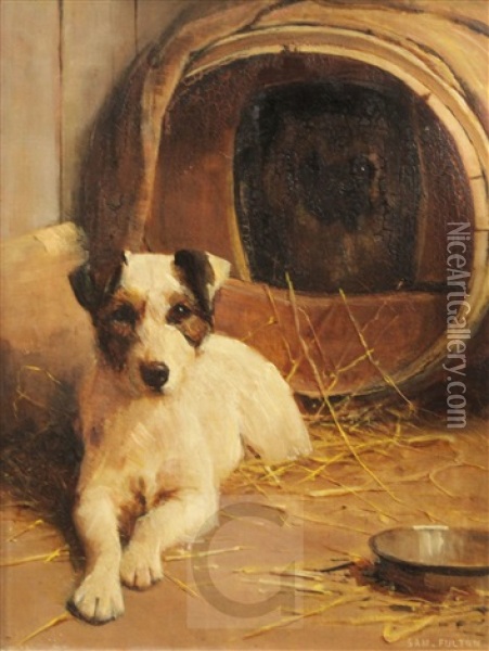 Portrait Of A Terrier Seated Beside A Barrel Oil Painting - Samuel Fulton