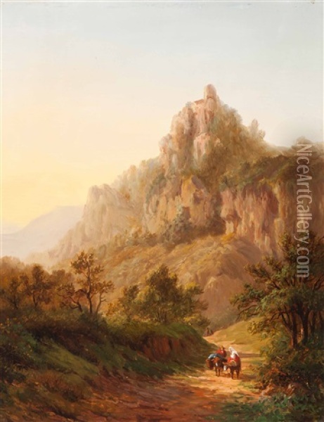 Travellers In A Mountain Landscape At Dusk Oil Painting - Alexander Joseph Daiwaille