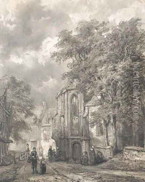 Asperen a town view with figures by a church Oil Painting - Cornelis Springer