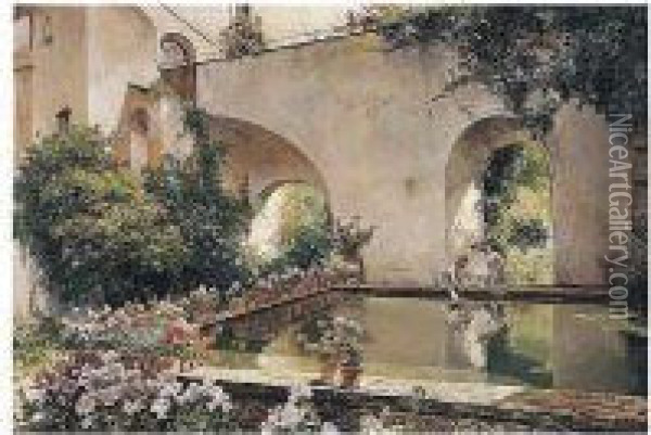 Patio Andaluz (andalusian Courtyard) Oil Painting - Manuel Garcia y Rodriguez