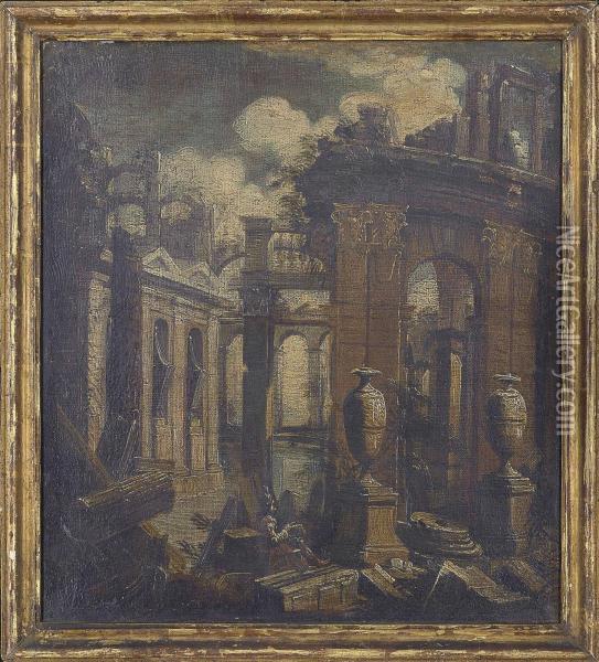 An Artist Sketching In Amongst Architectural Ruins Oil Painting - Giovanni Niccolo Servandoni