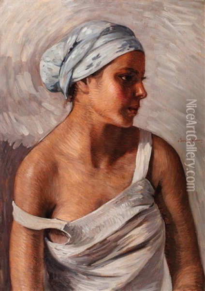 Tanara Cu Turban Oil Painting - Petru Bulgaras