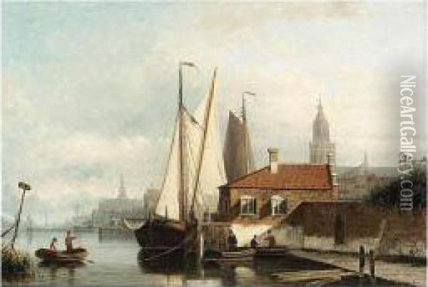 A View Of A Town With Sailing Oil Painting - Nicolaas Riegen