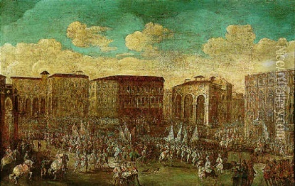 A Military Parade In An Imaginary Italian Piazza Oil Painting - Gherardo Poli