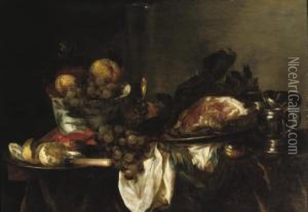 A Blue And White Porcelain Bowl 
With Fruit, A 'facon De Venise' Of White Wine, A Leg Of Ham On A Silver 
Platter, A Silver Jug, A Pocket Watch, A Silver Plate With A Peeled 
Lemon And A Crab All On A Partially Draped Table Oil Painting - Abraham Hendrickz Van Beyeren