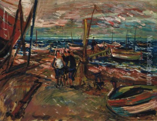 Figures By The Dock Oil Painting - Abraham Mintchine