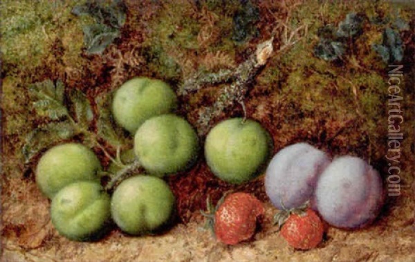 Plums And Strawberries On A Mossy Bank Oil Painting - George Clare
