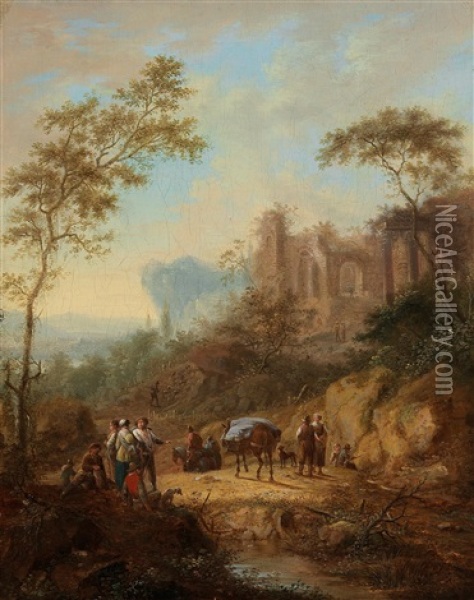 A Pair Of Southern Landscapes With Figures Oil Painting - Johann Christian Vollerdt