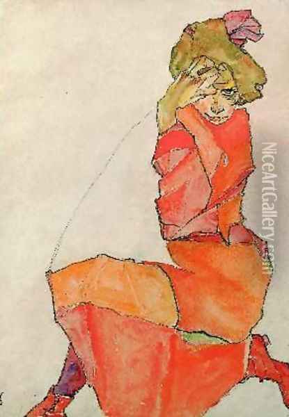 Kneeling Girl in Orange-Red Dress Oil Painting - Egon Schiele