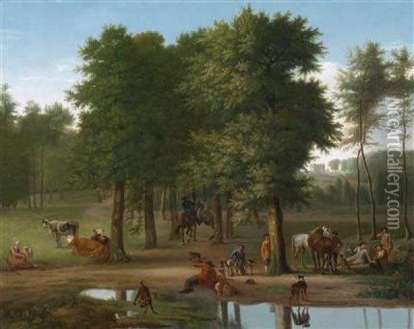 Landscape With A Hunting Party Resting Before A Castle Oil Painting - Jan Peeter Verdussen