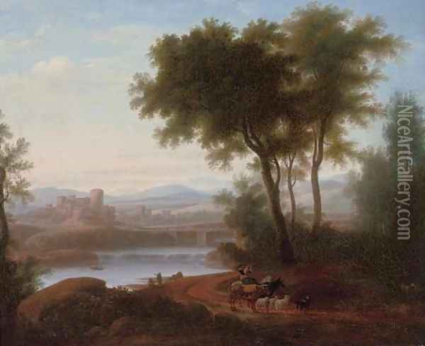 An Italianate river landscape with a drover playing a flute, his cattle on a track, a fisherman beyond Oil Painting - Jacob Philipp Hackert