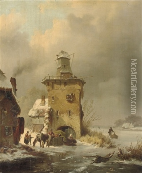 A Winter Landscape With People On A Frozen Waterway Near A Ruinous Mill Oil Painting - Frederik Marinus Kruseman