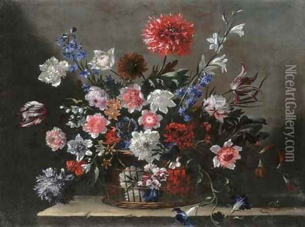 Poppies, tulips, morning glory and other flowers in a basket on a stone ledge Oil Painting - Nicolas Baudesson