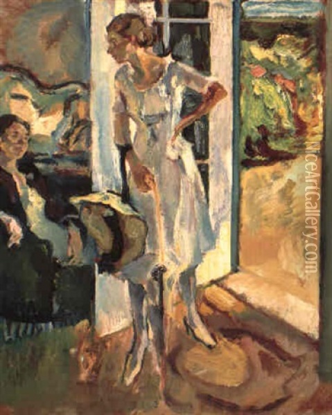 Magda Vor Der Ateliertur Oil Painting - Leo Putz