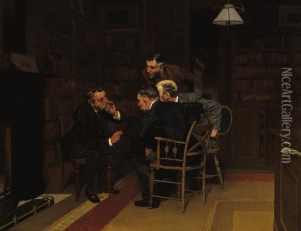 Discussion In The Library Oil Painting - Louis Charles Moeller