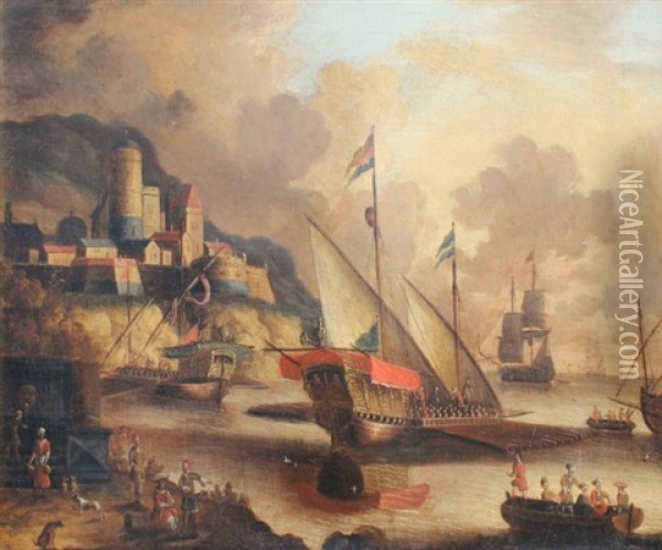 Galley's And Other Ships At Anchor In A Natural Harbor Near A Fortified Town Oil Painting - Peter van den Velde