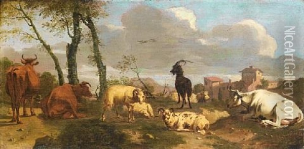 Cattle And Goats In A Landscape Oil Painting - Johann Heinrich Roos