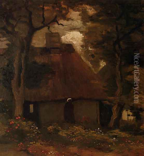 Cottage and Peasant Woman under the Trees Oil Painting - Vincent Van Gogh