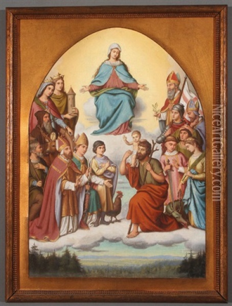 The Virgin In Heaven Above A Gathering Of Saints, Including St. George, St. Margaret, St. Stephen, St. Lawrence, St. Blaise, St. Hubert, St. Catherine Of Alexandria, St. Barbara, St. Christopher And Others Oil Painting - Auguste Hess