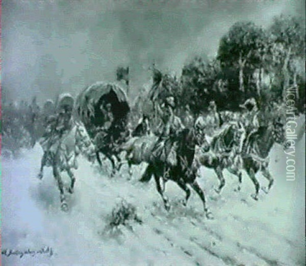 Cossacks Transporting Gold From Siberia Oil Painting - Adolf (Constantin) Baumgartner-Stoiloff
