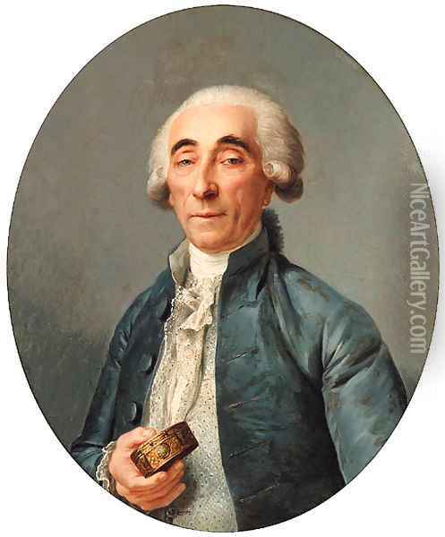 Portrait of Jean-Franois Lagrenee, bust-length, wearing a grey coat and a cravat, holding a snuff box Oil Painting - Joseph Siffrein Duplessis