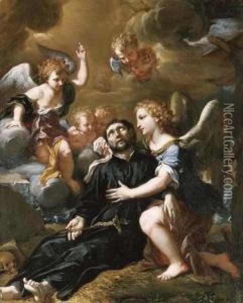 Angels Comforting Saint Francis Xavier Oil Painting - Ludovico Mazzanti