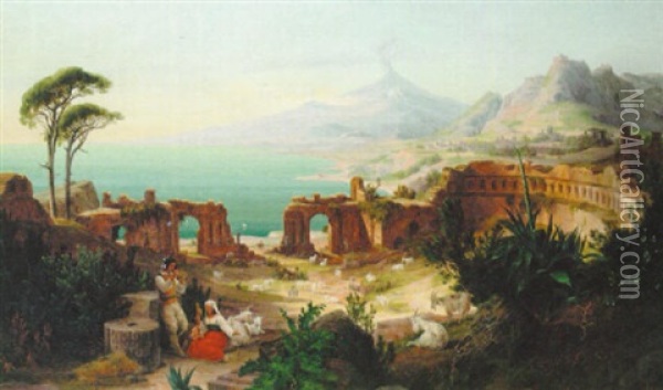 The Roman Amphitheatre, Taormina Oil Painting - August Wilhelm Julius Ahlborn