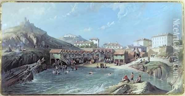 The Beginning of Sea Swimming in the Old Port of Biarritz Oil Painting - Jean Jacques Alban de Lesgallery