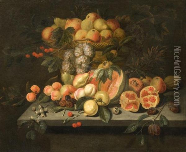 Nature Morte De Fruits Disposes Sur Un Entablement Oil Painting - Jan van Kessel
