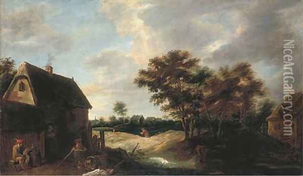 A wooded village landscape with a peasant resting outside a farmhouse Oil Painting - David The Younger Teniers
