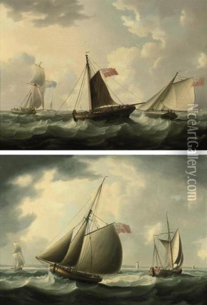 A Royal Navy Frigate In Choppy Waters; And English And Dutchfishing Boats Off The Coast Oil Painting - Thomas Buttersworth