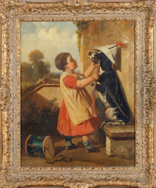 Child Playing Soldier With Pet Dog Oil Painting - Charlemagne Oscar Guet