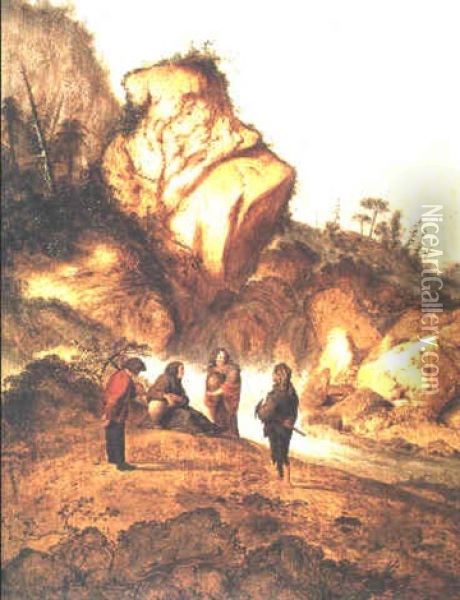 Stonemasons Meeting Peasantwomen By A Waterfall Oil Painting - Jacob Sibrandi Mancadan