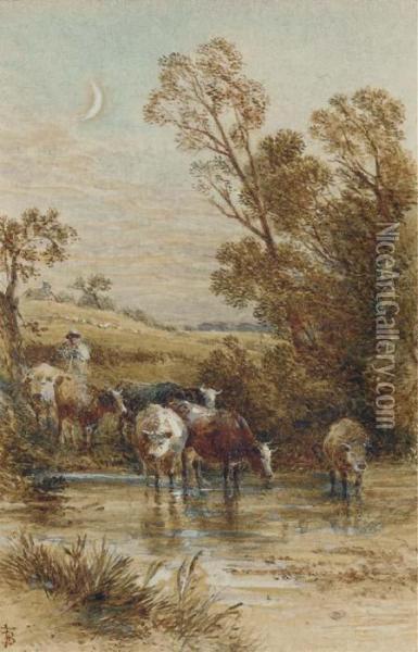 A Drover And Cattle Crossing A Ford Under A Crescent Moon Oil Painting - Myles Birket Foster