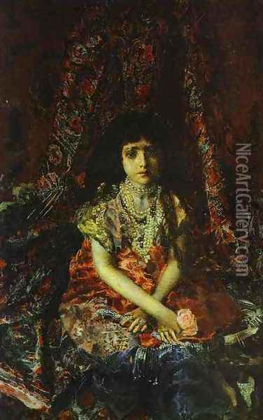 Portrait of a Girl against a Persian Carpet, 1886 Oil Painting - Mikhail Aleksandrovich Vrubel