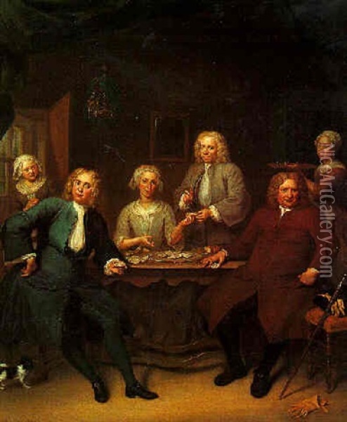 Portrait Of Group Family Seated At A Table In Interior, Eating Oysters Oil Painting - Jan Maurits Quinkhardt