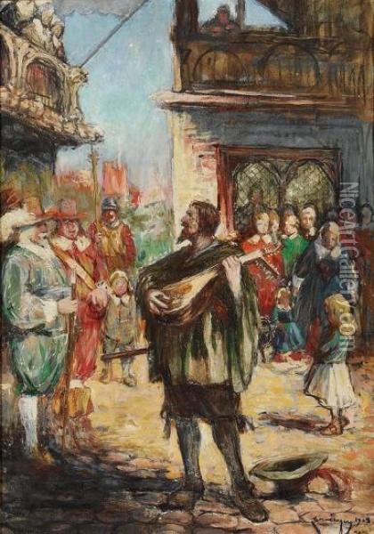 Luttspillende Gatemusikant 1903 Oil Painting - Karl Johannes Dornberger