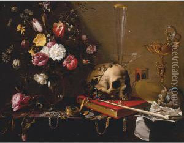 Vanitas Still Life With A Bouquet And A Skull Oil Painting - Adriaen van Utrecht
