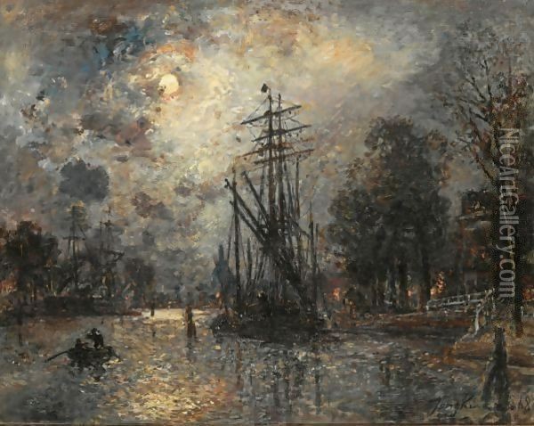 Voilier Au Clair De Lune, Hollande Oil Painting - Johan Barthold Jongkind