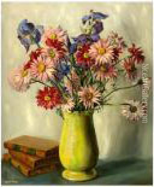 Still Life, Vase Of Flowers And Three Volumes Of Books Oil Painting - John Clayton Adams