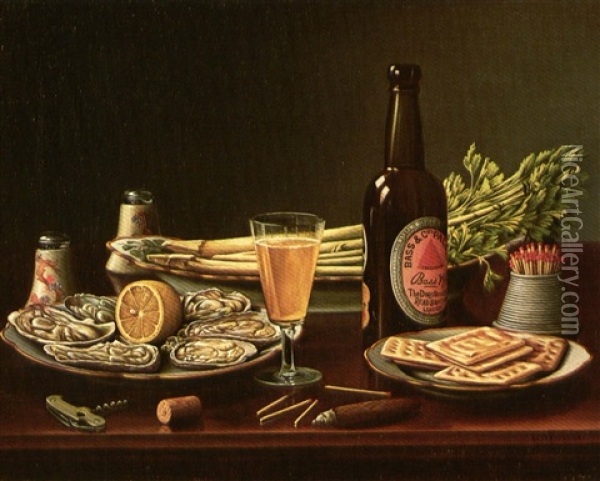 Still Life With Bass Ale And Oysters Oil Painting - Levi Wells Prentice