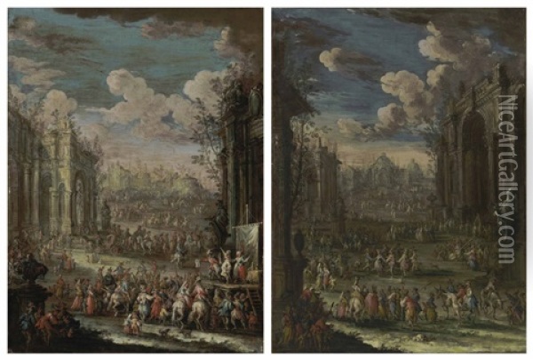 A Capriccio Of Classical Ruins With Musicians And A Country Dance (+ A Capriccio Of Classical Ruins And Players Performing The Commedia Dell'arte; Pair) Oil Painting - Gherardo Poli
