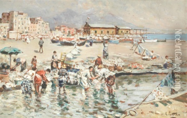 A Coastal Town In Summer Oil Painting - Attilio Pratella