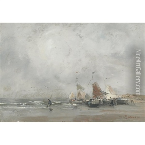 Fishing Boats And Shellfishers On A Breezy Day Oil Painting - Willem George Frederik Jansen