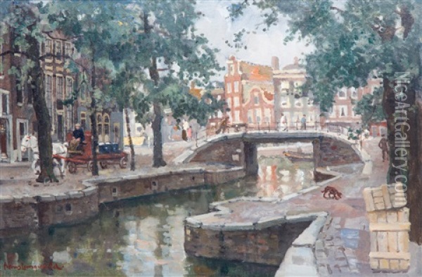 The Corner Of The Leliegracht And The Prinsengracht, Amsterdam Oil Painting - Frans Langeveld
